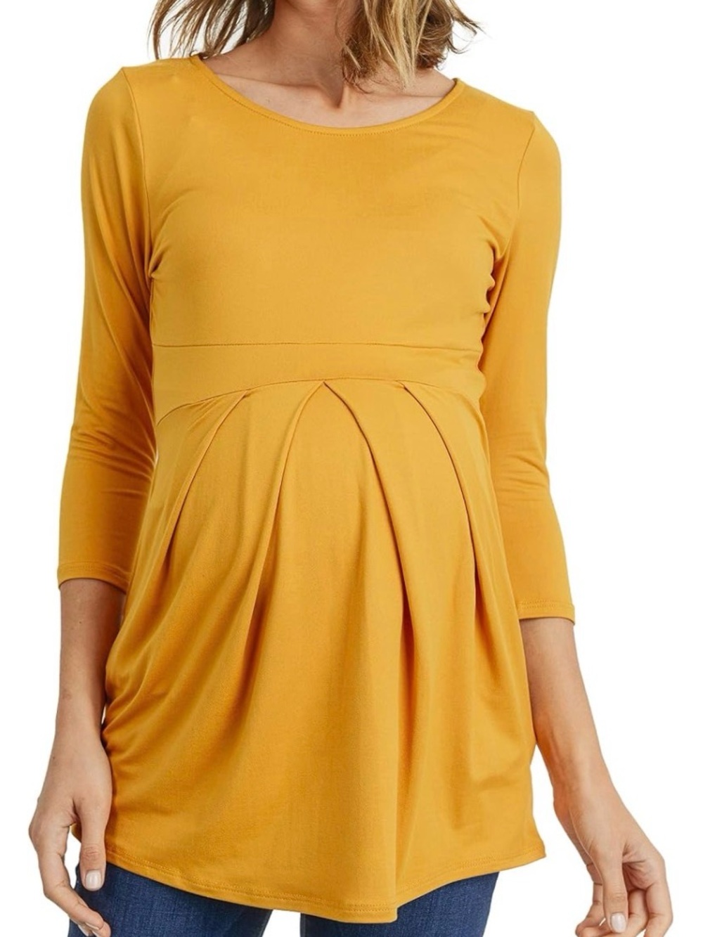 LaClef Women's Round Neck 3/4 Sleeve Front Pleat Peplum Maternity Top